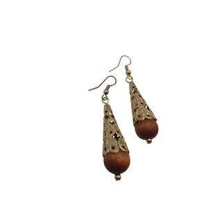 🍭 3 for $20 - Gold Tone Filigree and Wooden Dangle Cone Earrings Unique Cool